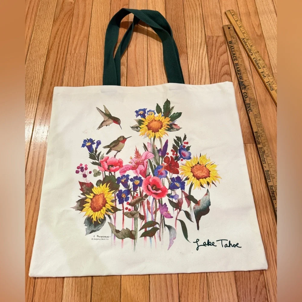 Lake Tahoe Floral Hummingbird Tote Bag with Green Handles clean inside